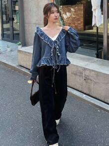 FRIFUL Women's Casual Washed Ruffle Tie Front Denim Blouse Long Sleeve Women - Blue - View 2