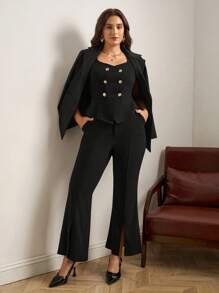 Chikora Plus Size Elegant Commuter Solid Color Double-Breasted Vest & Flare Pants 2 Pieces Set Fall Clothes Plus Size  Autumn Clothes   Old Money Style Women  Homecoming Business Casual Woman Curve Fall Clothes Plus Size  Business Casual Woman   Office Outfits For Women Work Clothes Women Work Clothes  Classy Outfits For Women Business Casual Chic Women's Set - Black - View 3