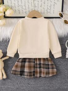 Infant/Toddler Girls Apricot Color Bear Patchwork Plaid Pleated Dress - Apricot - View 2