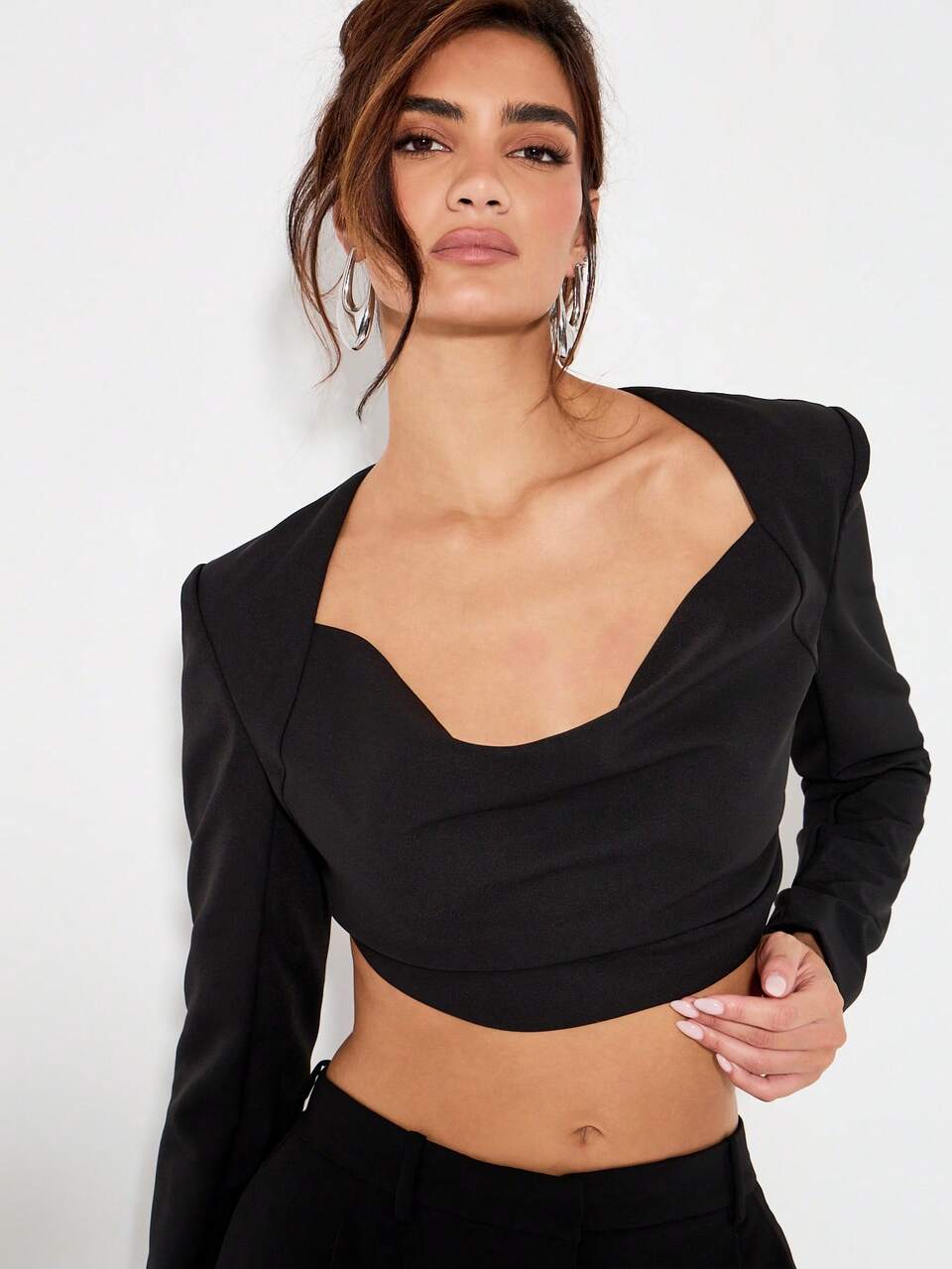 Women Elegant Long Sleeve Crop Top Blouse Square Neck Blazer Style Cropped Jacket Evening Party Club Night Out Business Professional Office Formal Wear
