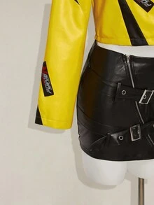 SHEIN ICON 女士秋冬街头时尚机车风黄色和黑色撞色宽松短款黄色夹克 Y2k 赛车女式摩托车 - 黃色 - 查看 9