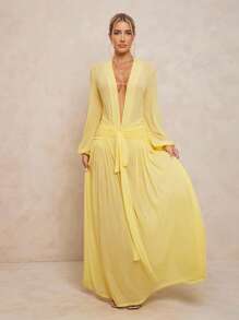 Lumalex 女式超长连衣裙，配有可拆卸紧身裤、V 领、泡泡袖、褶饰腰部、金属扣和超大裙摆 - 黃色 - 查看 4