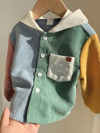 SHEIN 男女通用婴儿彩色莫兰迪尼拼色连帽宽松插肩衬衫夹克，柔软舒适的灯芯绒面料，适合居家、户外、学校、旅行