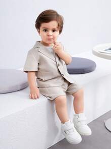 Chaqueta de manga corta simple unicolor estilo coreano casual para niño y niña con cuello de traje y cintura elástica, pantalones cortos unicolor a juego adecuados para verano - Multicolor - Ver 4