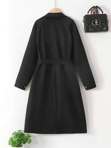 SHEIN 青少年女孩编织休闲百搭时尚纽扣领腰带蝴蝶结口袋宽松长款风衣，休闲军事风格，通勤和户外，返校，秋冬母子搭配，秋季服装，冬季服装