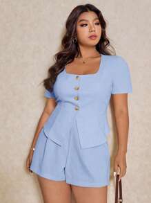 Elaquor Plus Size Summer Casual Solid Color Shirt & Shorts 2 Pieces Set - Baby Blue - View 4