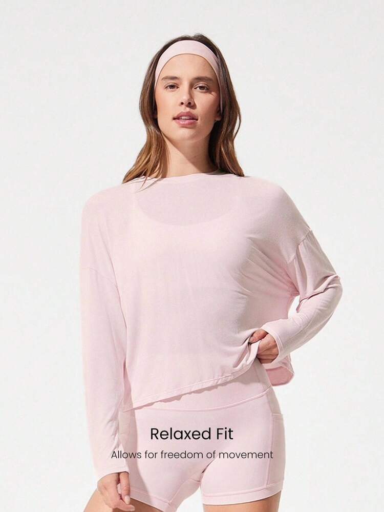 モーダル オーバーサイズ 長袖Tシャツ、キーホール バック、ローインパクトヨガ、デイリーカジュアル