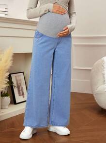 SHEIN 可调节腰部宽腿宽松孕妇牛仔裤 - 淺色水洗藍 - 查看 5