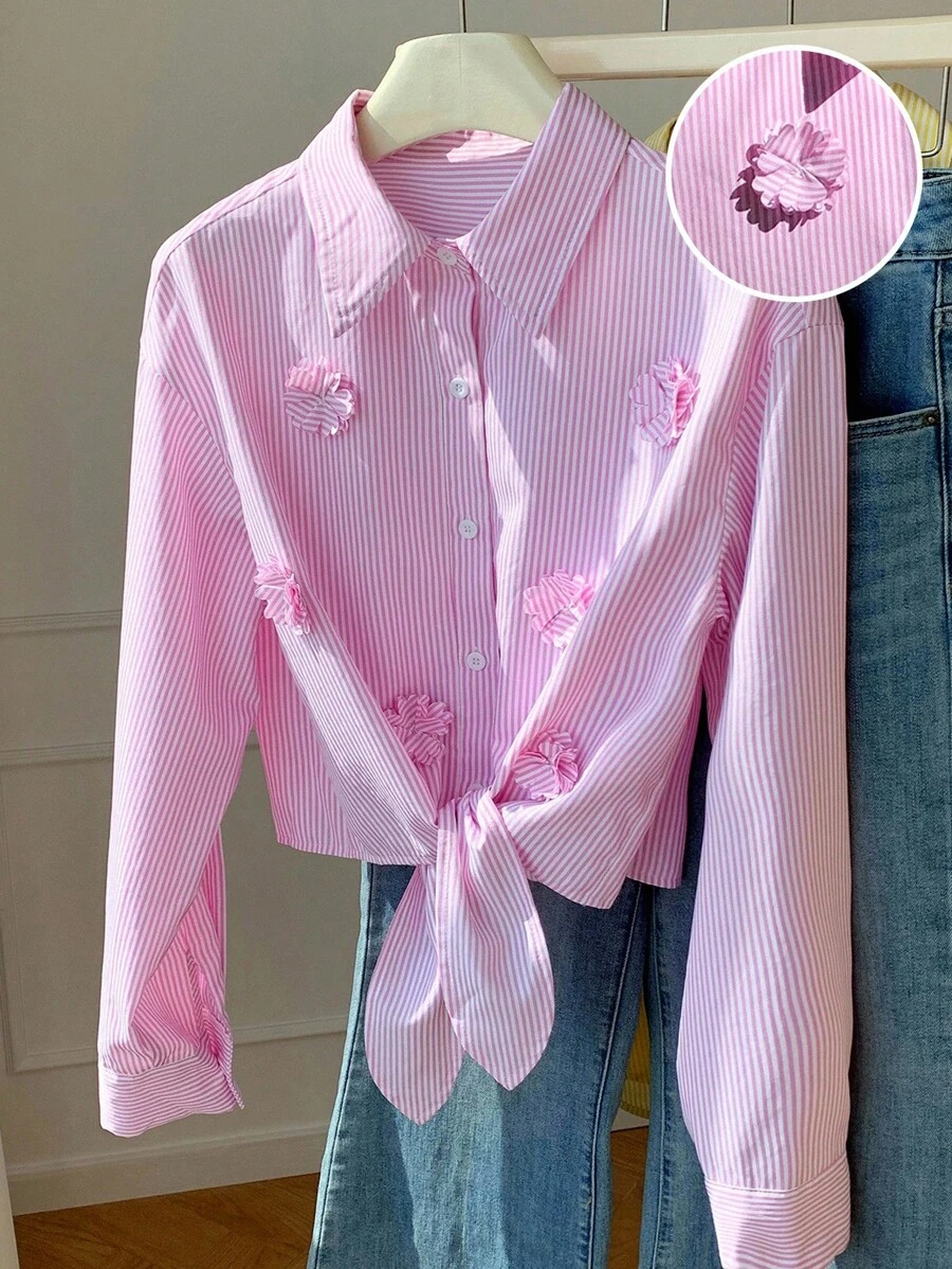 Comfortcana 女式休闲条纹3D花朵装饰系带衬衫