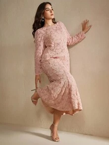 Anewsta Váy hoa đính cườm ren ôm sát cỡ lớn dành cho nữ, màu hồng, mùa xuân/hè - Hồng - Xem 1