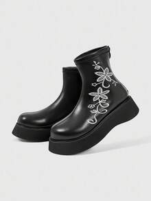 ROMWE Grunge Punk 2.0英寸鞋跟朋克风花卉刺绣真皮踝靴，休闲厚底踝靴，户外通勤女靴 - 黑色 - 查看 4