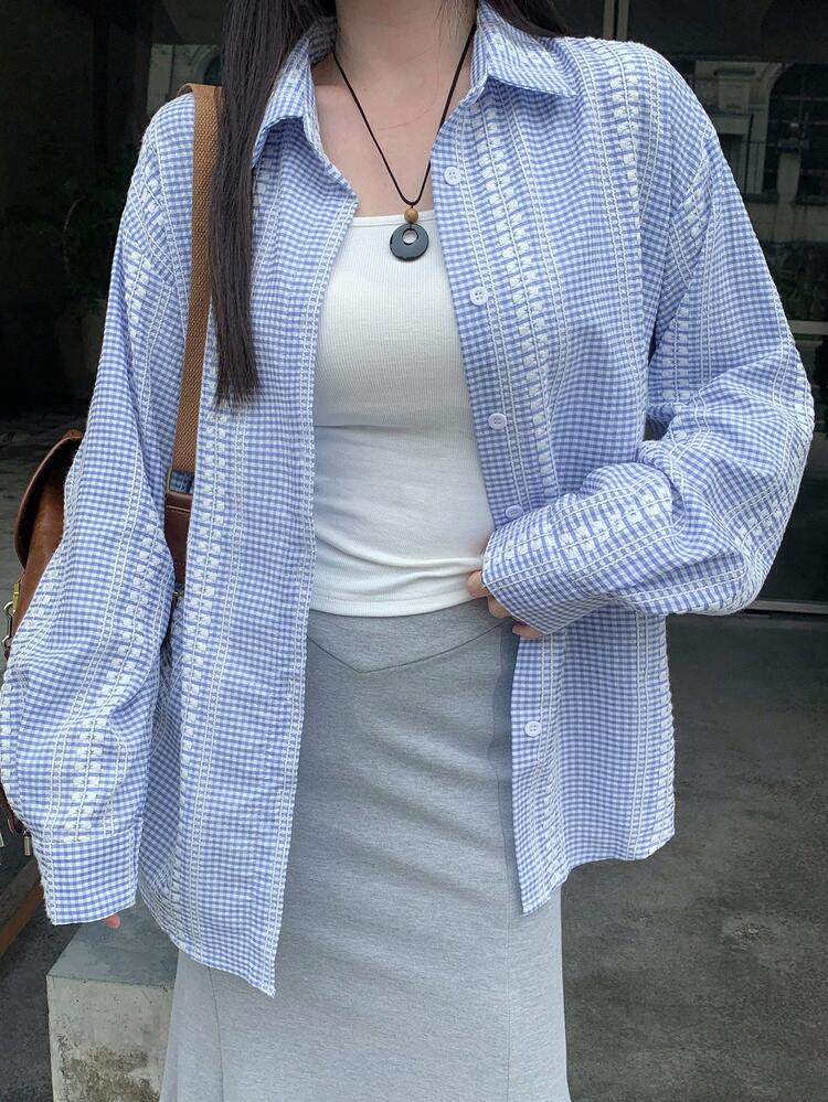 Women's Textured Plaid Loose Casual Street Style Shirt Long Sleeve Top