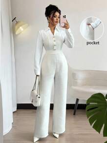 Rafferiza 时尚优雅的纽扣装饰通勤连体裤 - 白色 - 查看 5