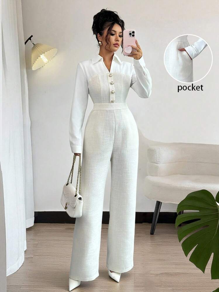 Rafferiza 时尚优雅的纽扣装饰通勤连体裤 - 白色 - 查看 5