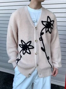 Manfinity Hypemode 男士花卉图案长袖单排扣休闲开衫 - 杏色 - 查看 7