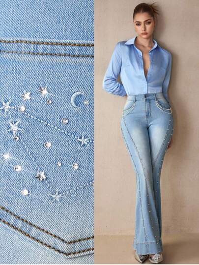  Selenza Women Zodiac Capricorn Print Flared Jeans, Elegant Office Wear, Crafted Denim, Silver Embroidery, Rhinestone Details, Pearl Decoration, Starry Pattern, Healing, Idealistic, Amiable, Ambitious, Perseverant