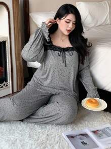 Dazy Plus 2pcs Plus Size Women Polka Dot Splice Flare Sleeve Top And Loose Pants Pajama Set, Loungewear, Fall Winter Clothes - Grey - View 7
