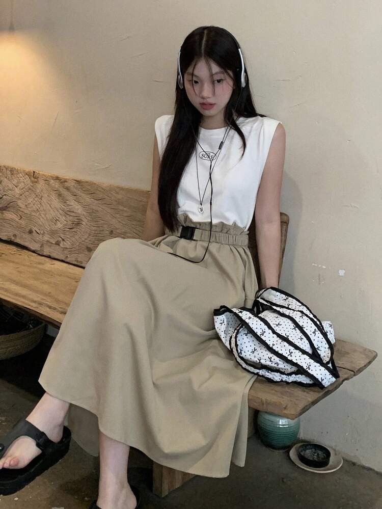 Women's Utility Pockets Patchwork Fresh Casual Round Neck Sleeveless Mid-Length Dress Sundress Maxi Dress