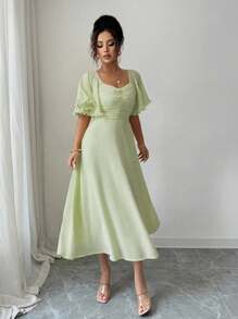 Modelyn Women's Solid Butter Yellow Chiffon Ruffle Sleeve Design Summer French Style Vacation Dress - Green - View 5