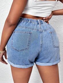 SHEIN Tall CURVE 大码夏季休闲水洗牛仔短裤 - 藍色 - 查看 2