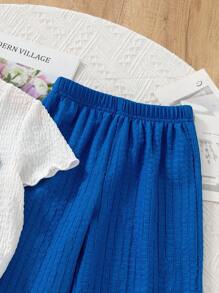 2pcs Young Girls Textured Fabric T-Shirt With 3D Floral Decor & Casual Pants Set, Suitable For Casual Wear At Home Or Outdoor Two Pieces Pants Set Kids Blue Kid Sets Crop Top Set For Kids Kids Summer Sets Girls Two Pieces Set - Blue - View 7