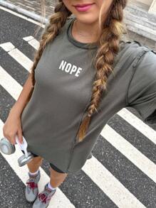 SHEIN Leap Crew Teen Girl Knitted Drop Shoulder Casual Short Sleeve T-Shirt With Letter Print - Grey - View 1