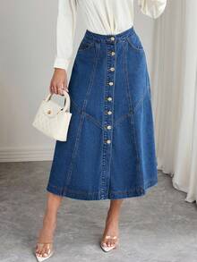 SHEIN Elenzya Chân váy Maxi denim giặt nút phía trước - Rửa tối - Xem 6