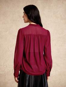 House of One Blouse en mousseline de soie à manches longues bouffantes et boutonnée, couleur bordeaux. Blouse décontractée transparente pour femmes, Top bordeaux, Top rouge pour femmes