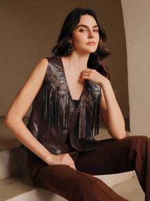 Anewsta Women's Floral Print Fringed PU Leather Single Breasted Vest Jacket - Maroon - View 6