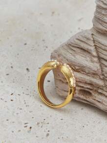 Opalesca 1颗珍珠/珍珠母贝纹理金属/18k金珠开口戒指，可爱、休闲、工作、奢华、婚礼、节日、度假、露营、Y2K/送给妈妈/女士/女孩/秋季/冬季/节日/假日/度假/老钱/万圣节，送给妈妈/女士/女孩/母亲，秋季/冬季，服装，老钱，高级，珍珠，优雅，仙女风/仙子 - 金黃色 - 查看 4