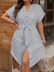SHEIN LUNE Plus Size Women Blue And White Striped Belted Mid-Length Dress - Navy Blue - View 5
