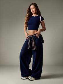 MISSGUIDED 经典婴儿 T 恤海军蓝撞色饰边短款上衣复古 Y2K 时尚短袖夏季基本款现代日常罗纹棉