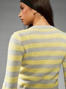 MISSGUIDED 女式纽扣开衫毛衣黄灰色条纹图案长袖罗纹针织短款修身冬春时尚必备分层上衣 - 彩色 - 查看 6