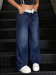 SHEIN Girls' Loose Fit Blue Denim Pants With Contrast Collar, Baggy Jeans Girls, Jeans For Teens, Loose Jeans, Baggy Jeans Teens, Wide Leg Jeans Fall Winter - Dark Wash - View 2