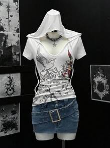 EgrlEra 女士玫瑰印花短袖连帽 T 恤 - 白色 - 查看 1