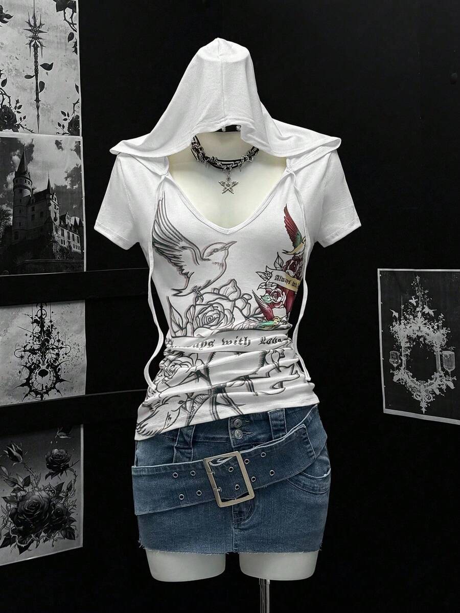 EgrlEra 女士玫瑰印花短袖连帽 T 恤 - 白色 - 查看 1