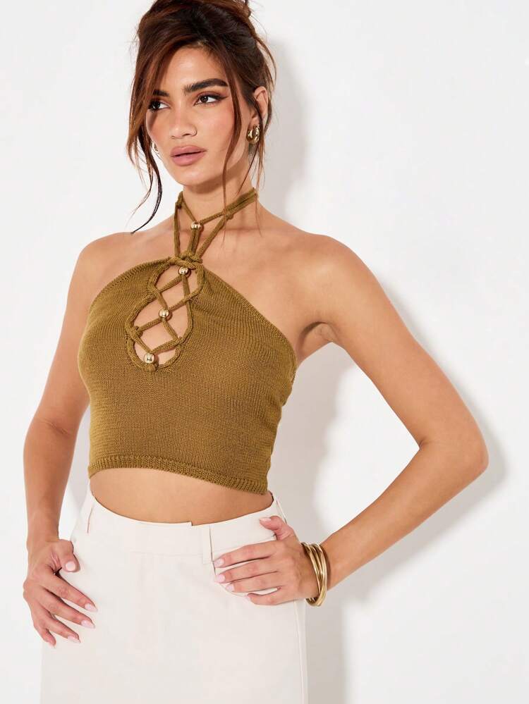 KIZN Metallic Knit Halter Top With Braided Detail