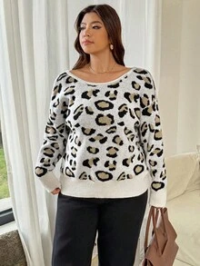 Vionelle Plus Size Women's French Style Loose Fit Leopard Print Pullover Sweater, Fashion Versatile Casual & Work Wear Leopard Print Top Leopard Print Sweater Animal Print Top Tie Back Top Open Back Top Fall Winter Cloth For Women Autumn - Multicolor - View 5