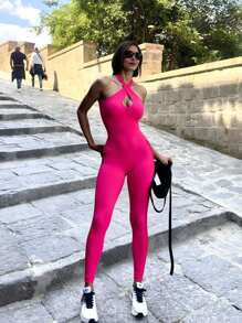 Innovista Hot Pink Summer Sexsy Woman Seamless Workout Jumpsuit Built-In Bra Gym Stretchy Yoga Romper Backless Mesh Cutout Breathable Tummy Control Workout Suit - Hot Pink - View 7