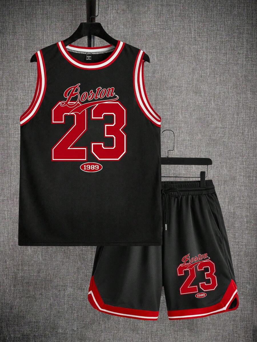 Aesthetic Post--Black Label Men's Red Ribbed Trim Tank Top Set - Black - View 1