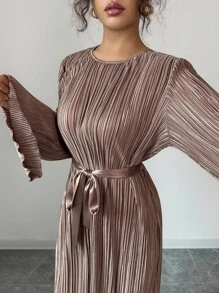 Elenzga Standard Size Women's Elegant Midi Dress With Flared Sleeves, Pleated Waist Tie Design Fall Cloth For Women