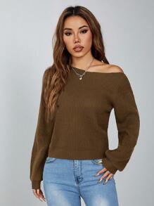 SHEIN PETITE 女款棕色毛衣，秋季休閒日常露肩上衣，斜肩坑條紋套頭衫，長袖不對稱毛衣，適合秋冬，小碼女款 - 棕色 - 查看 8
