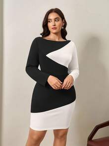 Chikora 大码拼色圆领长袖修身时尚连衣裙 - 黑與白 - 查看 6