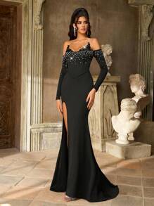 Aureia فستان سهرة أنيق بتصميم عتيق ذو طبقتين على شكل رقبة القطة، يعزز الصدر، أكمام طويلة، سحاب خلفي، وذيل مشقوق، مناسب للحفلات الراقية والمناسبات الرسمية كالحفلات والأعراس والمناسبات التجارية - الأسود - مشاهدة 1