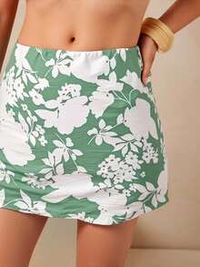 L'Amorae Women Floral Two Tone Linen Print Mini Skirt In Sage/Ivory, Co-Ord Set Boho Summer Vacation - Green - View 4
