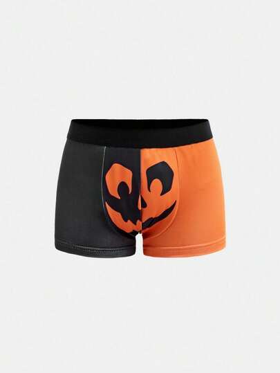 Halloween Colorblock Patchwork Funny High Waist Boxer Briefs, Pumpkin, Bat, Devil Prints, Comfortable For Tween Boys Pumpkin Boxers Halloween Boxers