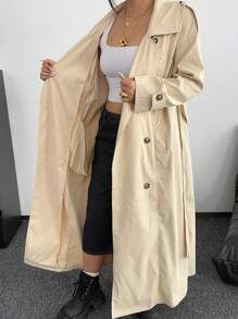 POPSWAY New Elegant Maxi Khaki Double-Breasted Straight Loose Cinched Waist Lapel Long Sleeve Windbreaker Coat For Women, Fashion Minimalist Chic Outerwear Winter Fall Autumn - Khaki - View 8