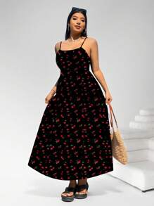 SHEIN EZwear Váy chữ A không tay hở lưng in họa tiết quả anh đào có dây buộc ở eo, eo có thể điều chỉnh, khóa kéo ẩn, váy mùa hè đa năng thường ngày cho người ngoại cỡ - Nhiều màu - Xem 7