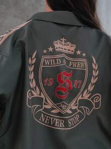SAYEHFBABY 女士 Ricing 返校节运动图案短款宽松绿色衬衫、短袖上衣 - 軍綠色 - 查看 2