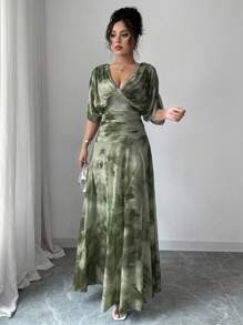 Elenzga Women's Tie-Dye Print V-Neck Ruched Batwing Sleeve Elegant Dress - Army Green - View 4